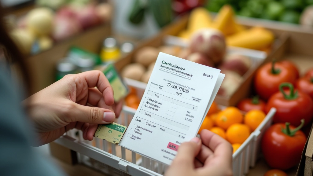 Carte de fidélité Carrefour ou Leclerc posée sur un reçu de caisse avec des articles épicerie, panier d'achat rempli partiellement visible, détail des produits