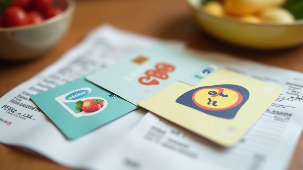 Gros plan de trois cartes de fidélité différentes (Leclerc, Carrefour, Lidl) étalées sur une table avec des reçus de courses à côté