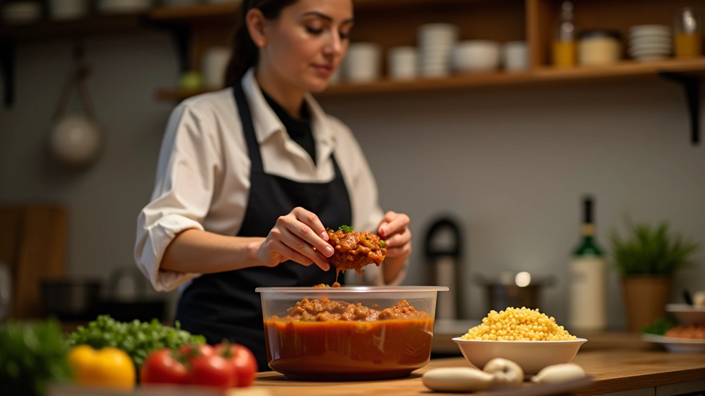 Cuisinière professionnelle versant un ragout cuit dans un récipient de stockage, cuisine bien organisée en arrière-plan