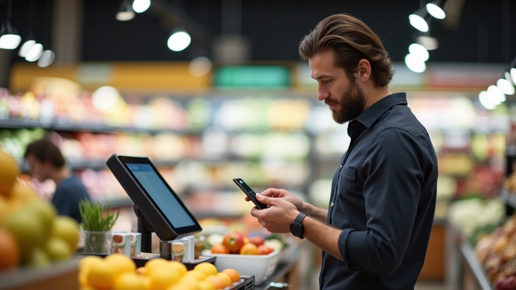 Personne en train de scanner sa carte de fidélité à la caisse, écran de caisse affichant les points accumulés