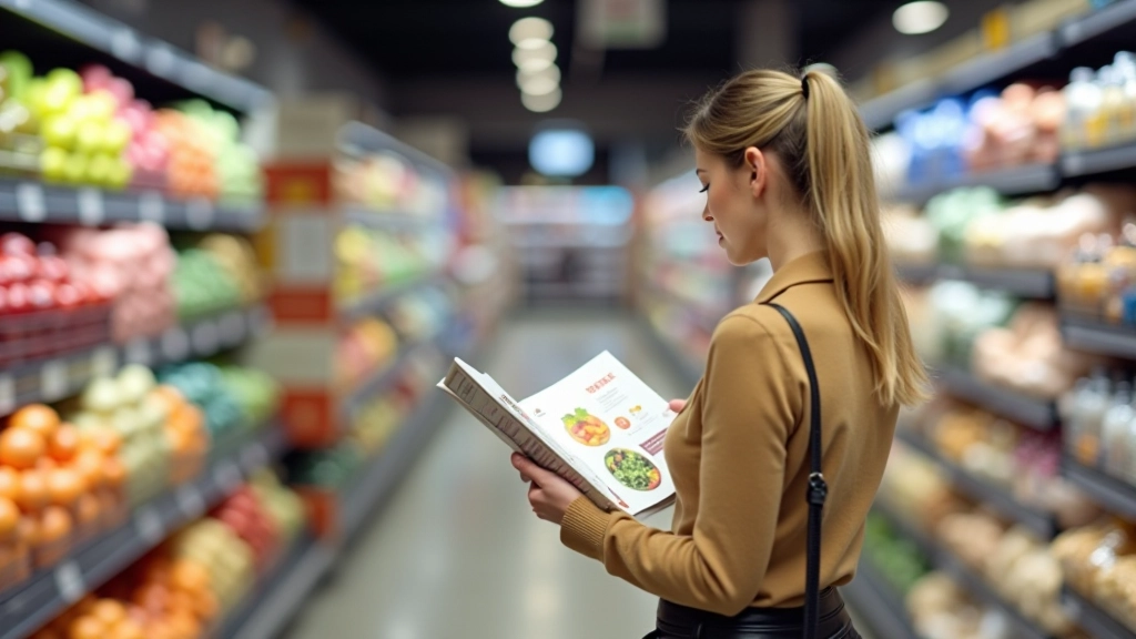 Femme consultant un prospectus promotionnel au supermarché, comparant les prix entre différentes marques et enseignes, panier rempli de produits, magasin bien éclairé, vue de face