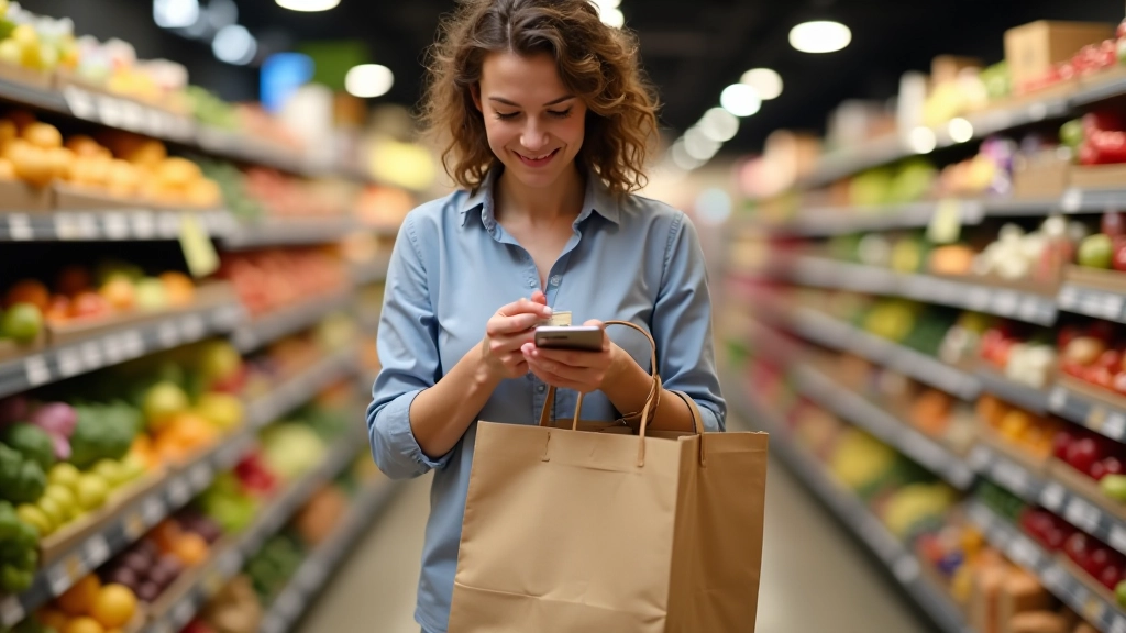 Femme faisant ses courses avec panier réutilisable dans un supermarché, en train de vérifier sa carte de fidélité