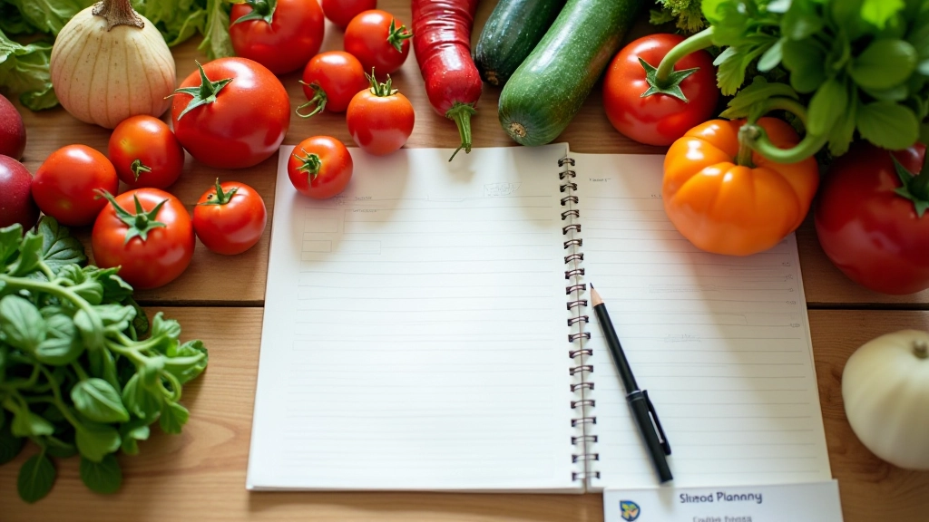 Plan de travail de cuisine avec des légumes frais, un carnet de meal-prep, et une liste de courses, lumière naturelle du matin