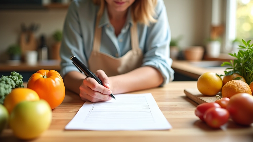Plan de travail de cuisine avec liste écrite et ingrédients préparés pour le batch cooking du dimanche