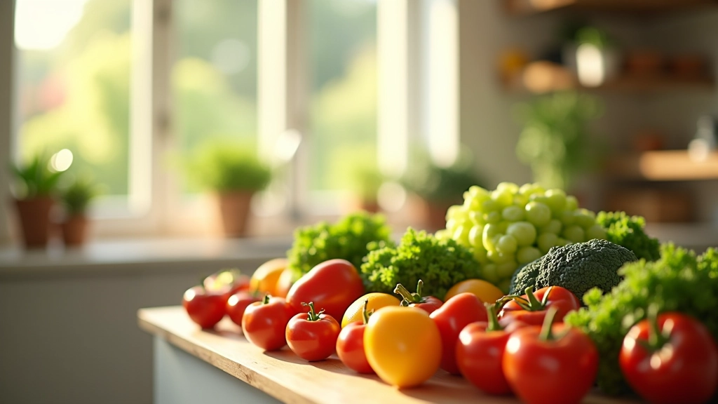 Cuisine moderne avec produits frais organisés sur le plan de travail