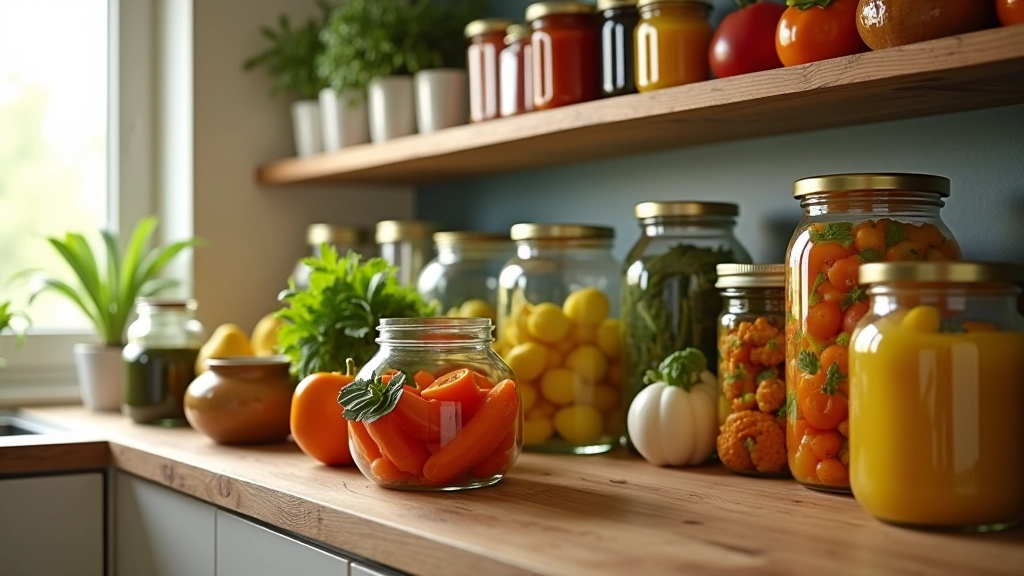 Cuisine bien rangée avec bocaux transparents contenant des fruits et légumes en préparation, rangement efficace pour le batch cooking