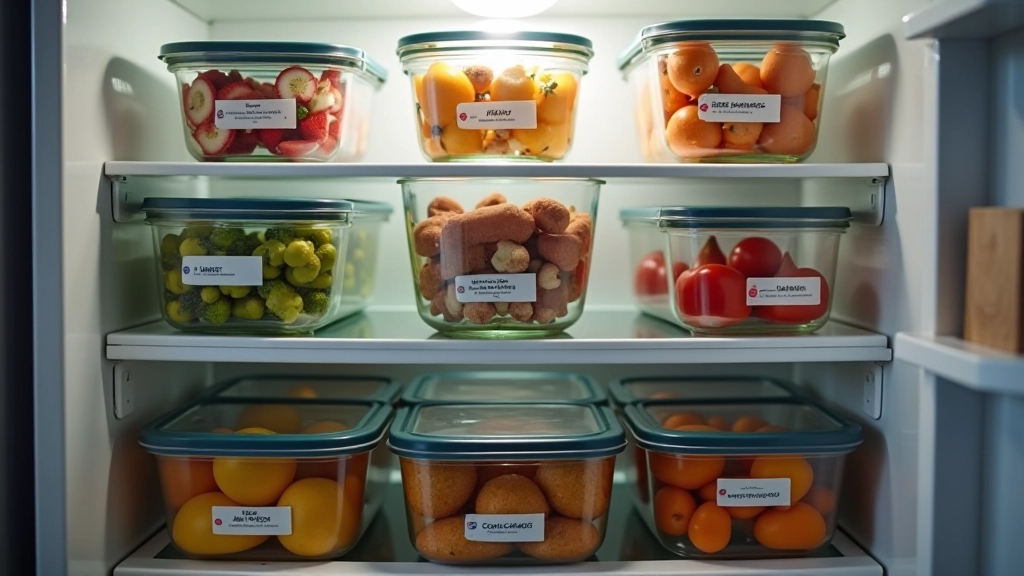 Réfrigérateur organisé avec des contenants en verre étiquetés contenant des repas préparés pour la semaine