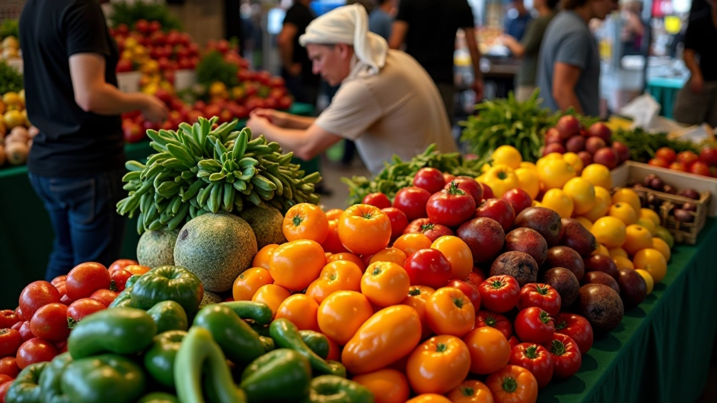 Vue de dessus d'un étal de marché français avec produits de saison frais et colorés