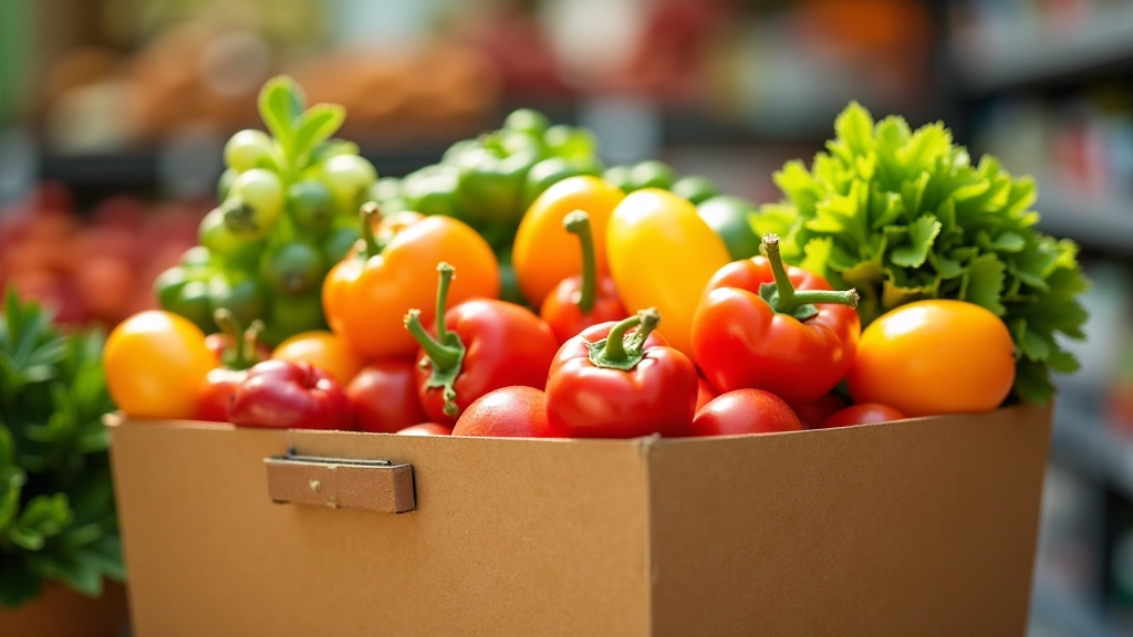 Panier rempli de fruits et légumes frais de saison colorés, marché local ensoleillé, mise au point nette