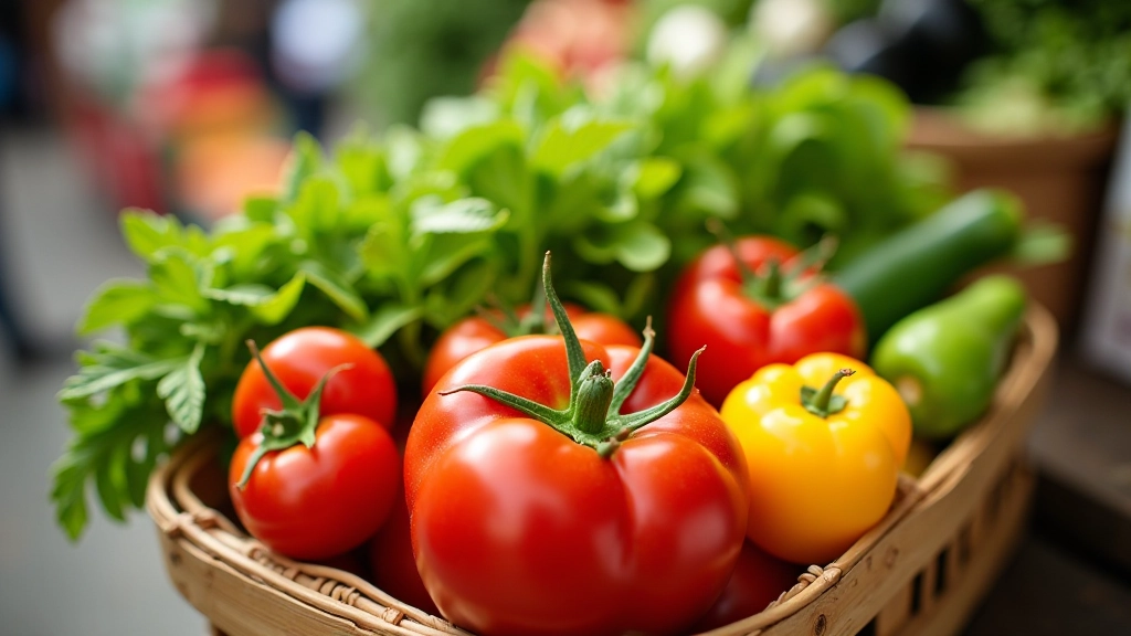 Panier rempli de légumes frais et colorés du marché en saison, tomates cerises, poivrons et courges, photographié en lumière naturelle