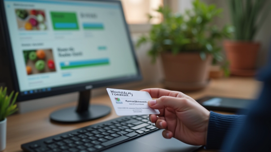 Plan rapproché d'une carte fidélité posée sur un clavier d'ordinateur, avec un écran affichant les points de fidélité et les offres personnalisées, lumière de bureau douce, mise au point nette