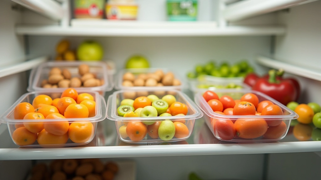 Plateau de repas préparés à l'avance dans des contenants transparents empilés dans un réfrigérateur
