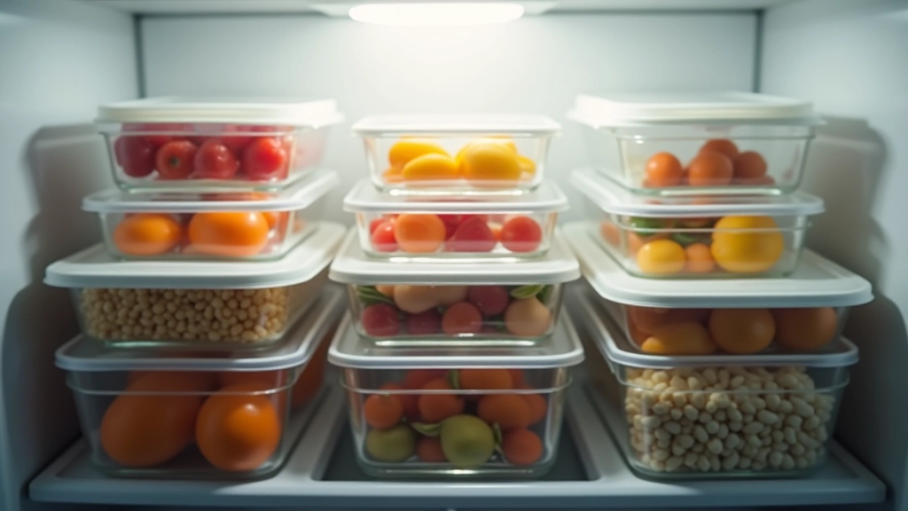 Plusieurs conteneurs hermétiques remplis de repas préparés à l'avance, rangés dans un réfrigérateur, bien organisés, lumière froide