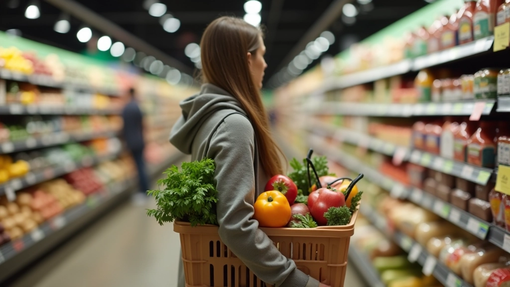 Vue d'une femme avec un panier rempli de produits dans un rayon de supermarché, devant les étiquettes de prix, ambiance lumineuse, mise au point nette sur les produits