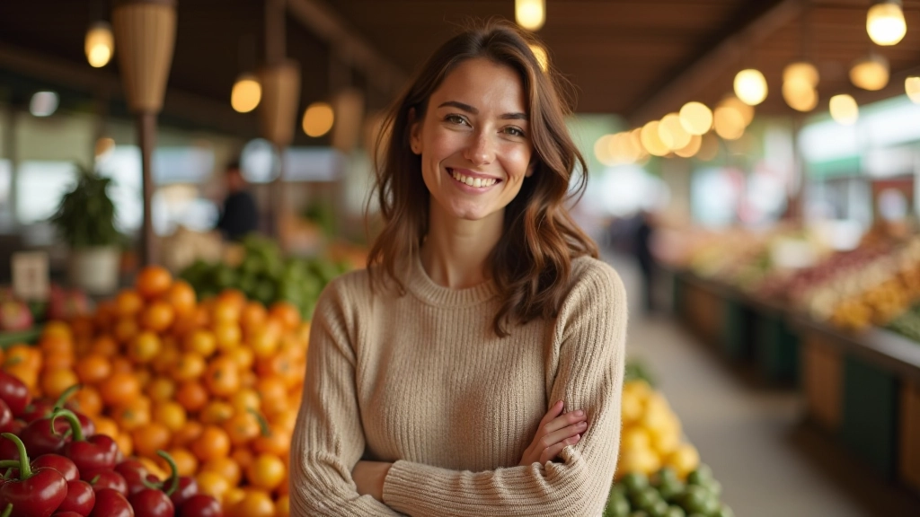Femme au marché local regardant les fruits et légumes de saison, avec des paniers en osier et des étals colorés en arrière-plan